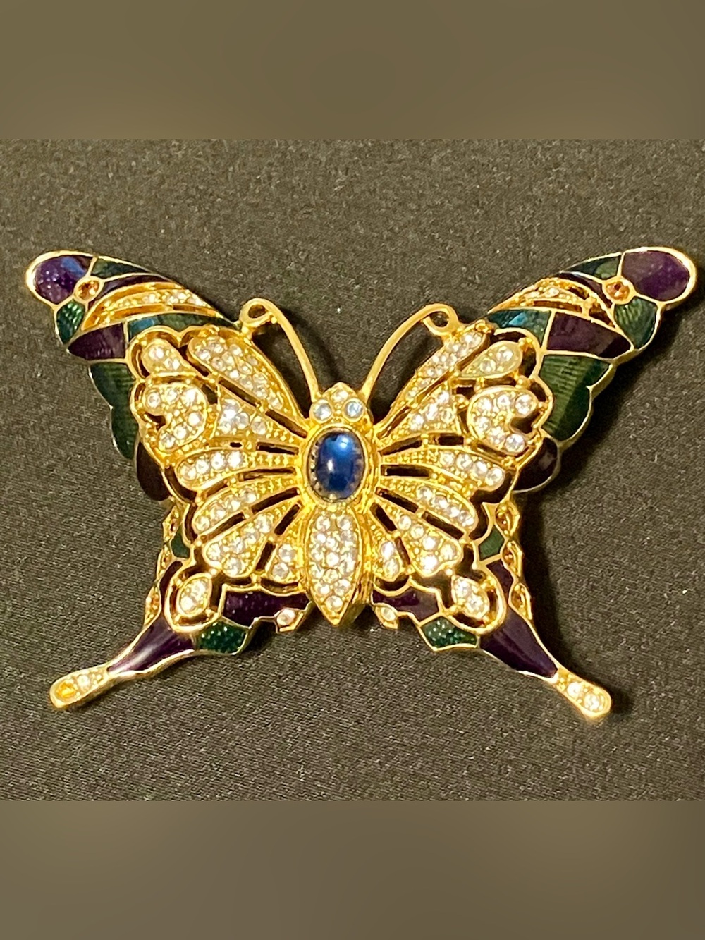 Edgar Berebi Signed Butterfly Brooch, Gold Tone, Enamel & Rhinestone